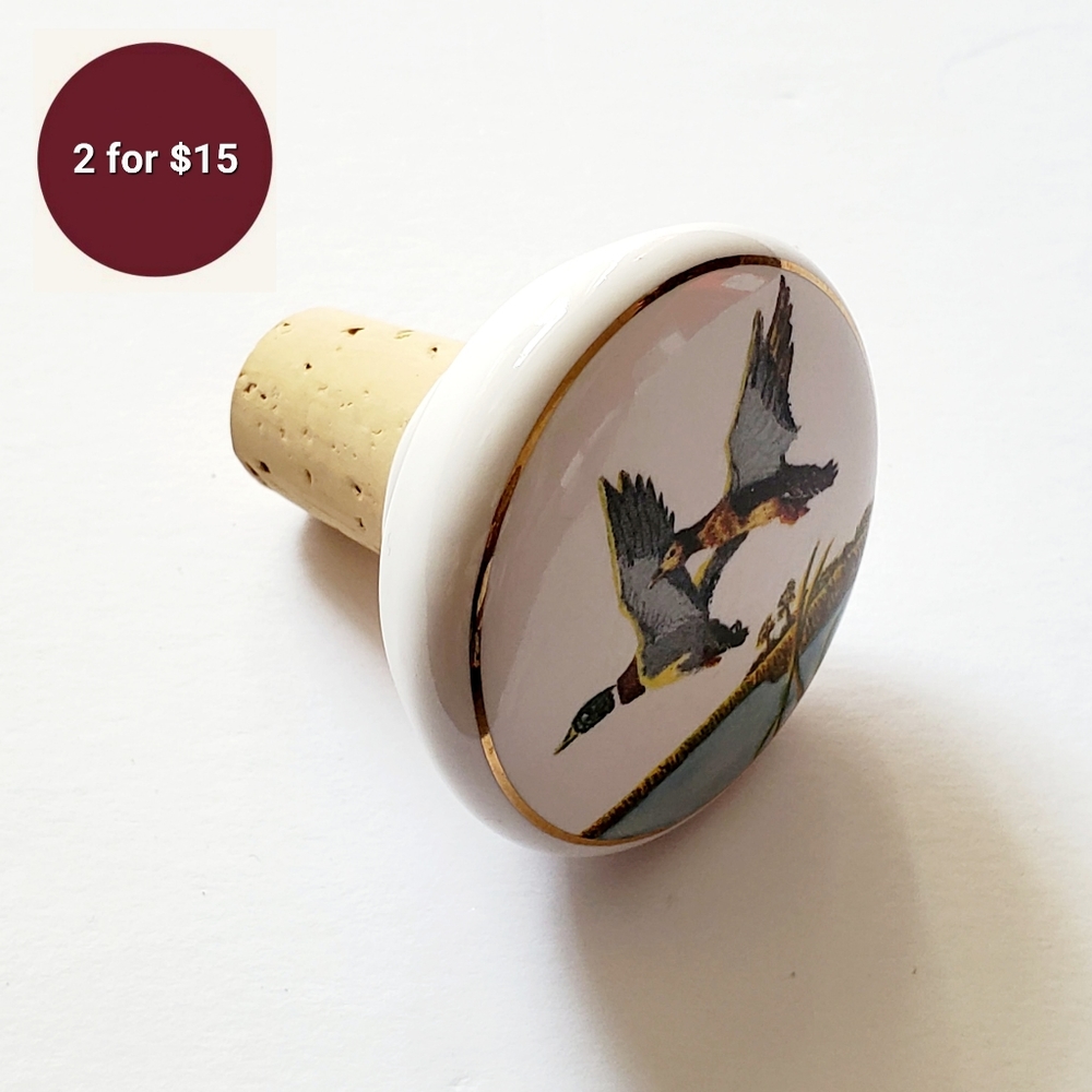 Ceramic and Cork Bottle Stopper - Two Flying Ducks